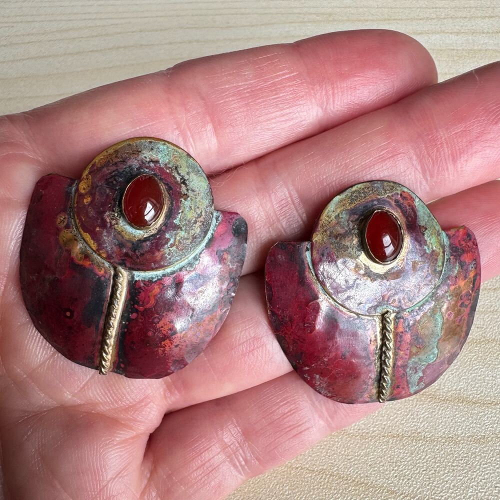 Vintage 90's Rustic Copper & Carnelian Dudley Vaccianna Shield Earrings